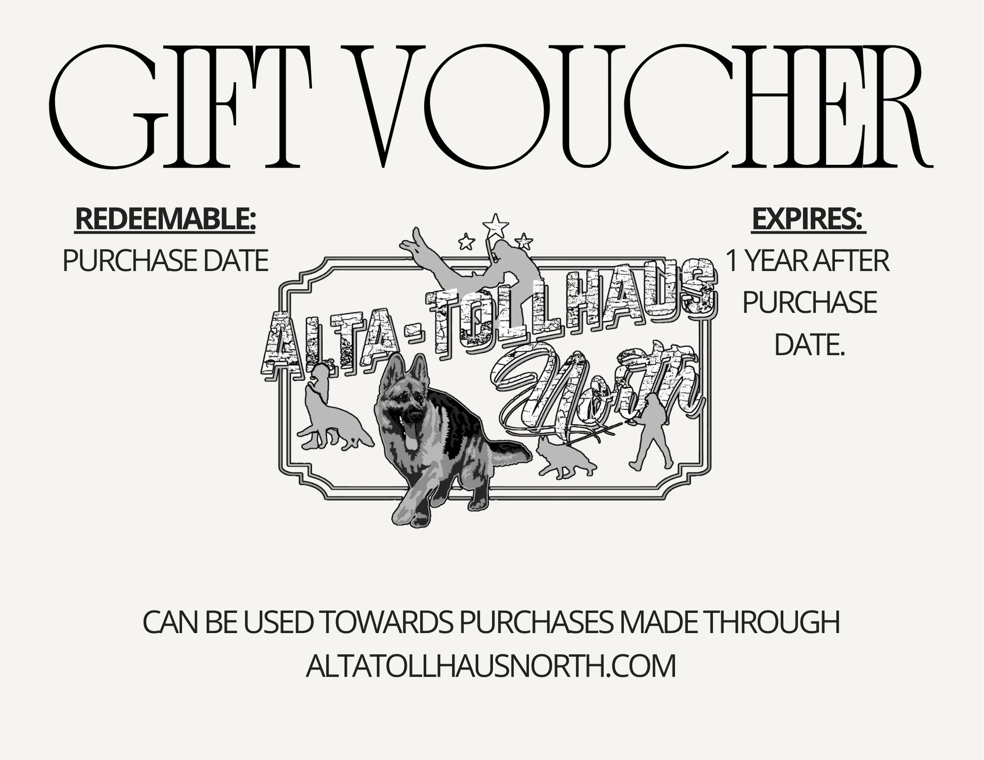 Gift voucher with 'Alta Tollhaus North' logo and text on a white background
