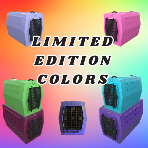 Pet carrier in various colors with 'Limited Edition Colors' text on a gradient background