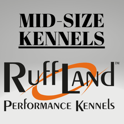 Ruff Land Performance Kennels logo with text about mid-size kennels and standard colors on a gray background.